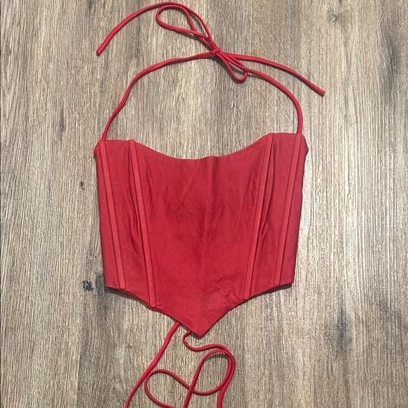 Lucy in the Sky Los Angeles Tops - Red Halter Corset Crop Top with Tie Straps